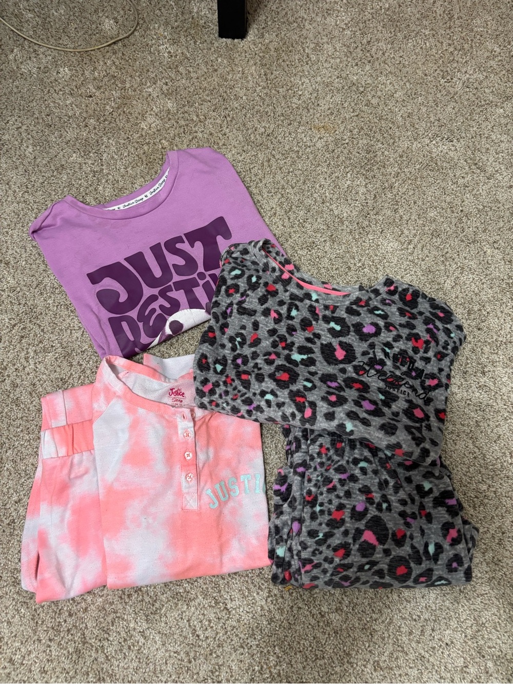 Justice Girls Pajama Sets- Lavender Purple, Gray Leopard, Pink Tie-Dye